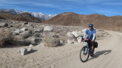 Leaving Alabama Hills on gravel road while bikepacking Owens Valley Ramble